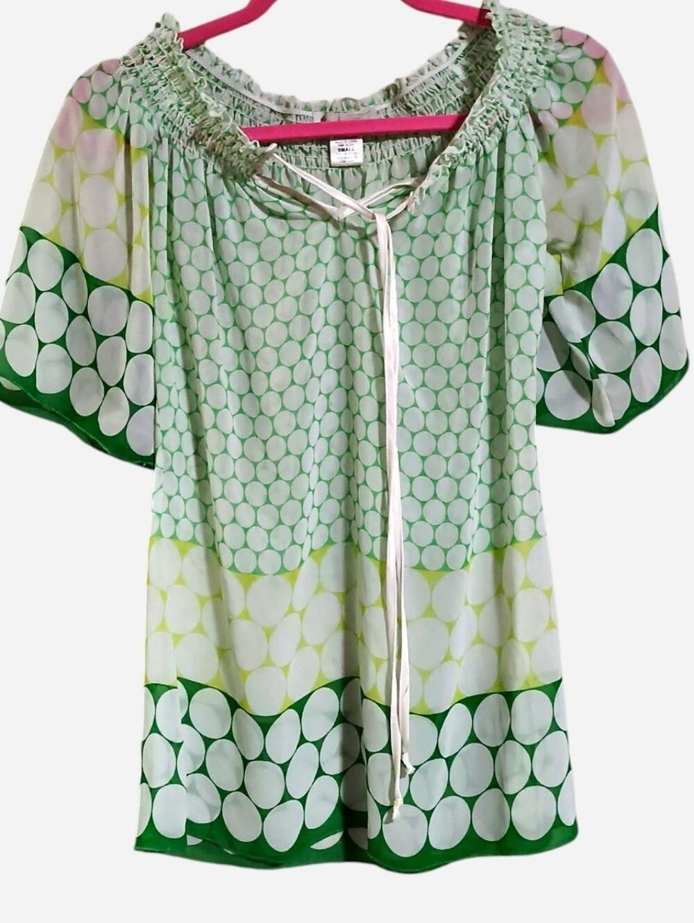 Charlotte Russe green and white polka dot blouse with tie front detail Size S